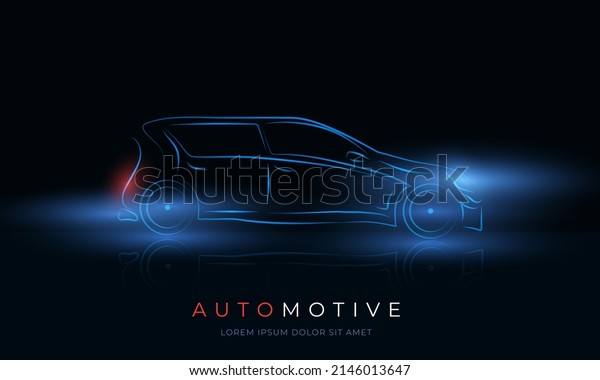 Modern car silhouette. Minimalistic neon\
line hatchback sport car outline on dark studio background. Glowing\
abstract hand drawn car silhouette with neon light and headlights.\
Vector illustration