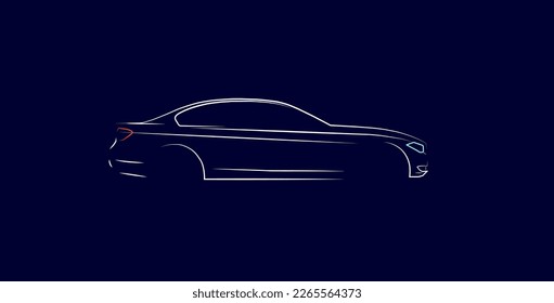 La moderna silueta de coches con vistas laterales. Silhouette de neón blanco para el diseño de publicidad de logotipo, banner o marketing. Ilustración vectorial.