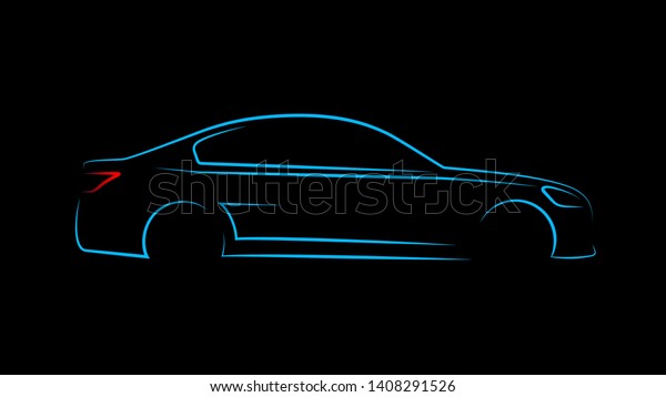 Modern car silhouette in side view. Blue\
neon car silhouette for logo, banner or marketing advertising\
design. Vector\
illustration.