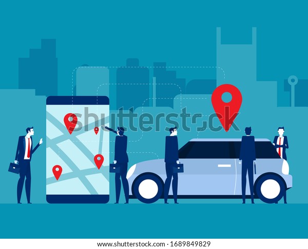 Modern car and smartphone with app. Car sharing\
service concept