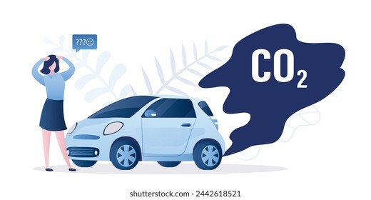 Modern car with smoke. Air pollution, ecology problem. High emission co2. Unhappy woman driver. Horizontal banner. Auto runs on non-ecological fuel. Waste fuel or petrol. Flat vector illustration