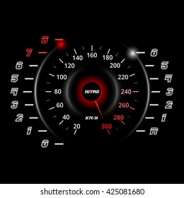 Modern car speedometer and rpm gauge isolated on black. Racing background. Vector .