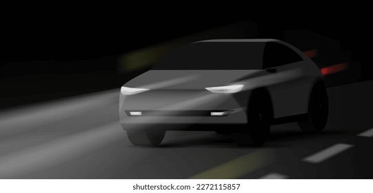 Modern car SUV driving at night with lights on, realistic 3d illustration, highway street movement