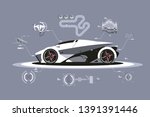 Modern car technology vector illustration. Sport automobile with latest and best specifications flat style concept. Footnotes on details and parts of vehicle