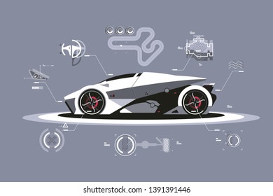 Modern car technology vector illustration. Sport automobile with latest and best specifications flat style concept. Footnotes on details and parts of vehicle