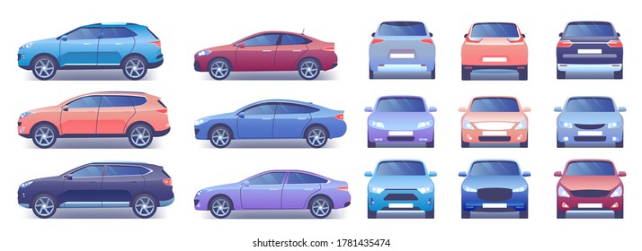 Modern car vector illustration set. Cartoon flat side front back view collection with colorful car and closed trunk, compact city crossover, passenger sedan car, transport mockup template isolated set