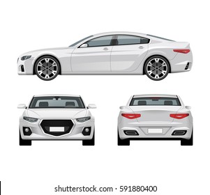 Modern car vector template. White business sedan isolated on white background. Side, front and rear view.