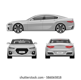 Modern car vector templates set. Abstract business sedan isolated on white background. Side, front and rear view.