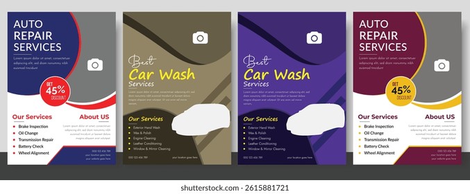Modern Car Wash Flyer  Auto Detailing, Car Rental, Service Price List and Poster Templates. Car wash flyer and banner template bundle. Car Wash Service Post Template Flat Design Illustration.