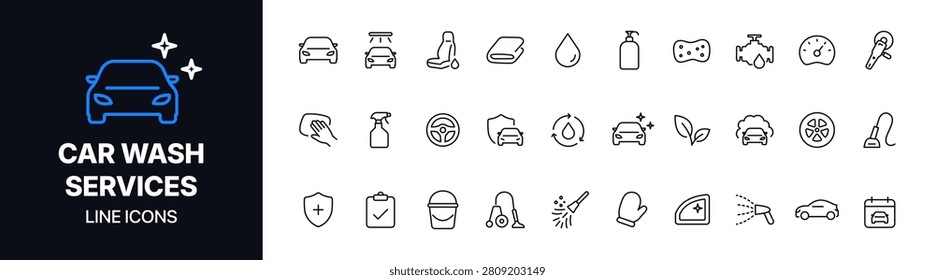 Modern car wash services line icon set featuring auto detailing, vehicle cleaning, pressure washing, waxing, interior care, maintenance, and automotive service symbols.