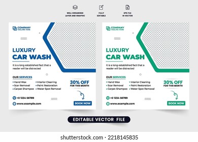 Modern car washing business template for social media marketing. Vehicle cleaning service web banner design with blue and green colors. Automobile repair and cleaning business promotional template.