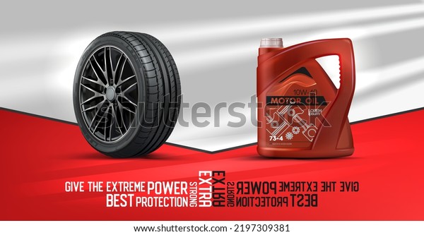Modern car wheel with a disk on a red background\
and engine oil. Advertising poster. Car tires.Advertising banner\
for the sale. Black rubber tire. Landscape poster, flyer, booklet\
brochure design.