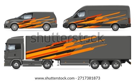 Modern car wrap design template set for van and truck featuring geometric orange and black stripes on grey background. Transport fleet livery side view