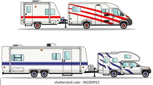 Modern caravan. Detailed illustration of car and travel trailers in flat style
