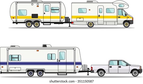 Modern caravan. Detailed illustration of car and travel trailers on a white background in flat style. Vector illustration.