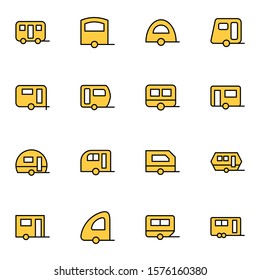 modern caravan, motorhome, campervan icon set. creative trailer colored outline icons sign, vector illustration.