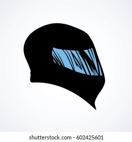 Modern carbon crash helm on white backdrop. Dark ink hand drawn picture logo sketchy in retro print style. Closeup side view with space for text