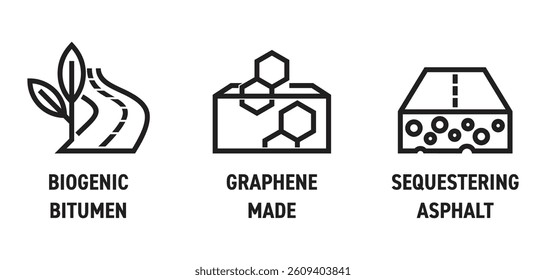 Modern carbon-neutral construction materials - Sequestering asphalt, Bionic bitumen, Graphene made brick. Icons or emblems in bold line