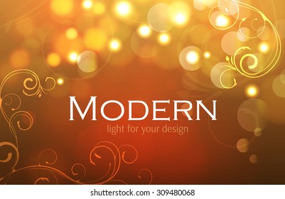 Modern card with bokeh, lights & swirls. Beauty design.  Vector illustration