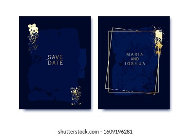 Modern card design. Brush stroke texture. Gold, indigo colors brochure, flyer, wedding invitation template. Glamoour chic shiny background. Business identity style. Vector. 