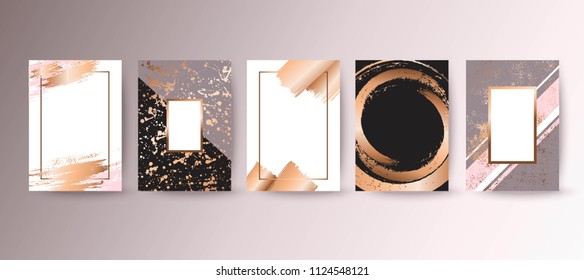 Modern card design. Hand drawn background. Gold, pink brochure, flyer, invitation template. Business identity style. Wedding pattern. Vector.