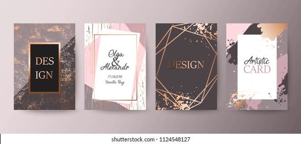 Modern card design. Hand drawn background. Gold, pink brochure, flyer, invitation template. Business identity style. Wedding pattern. Vector.