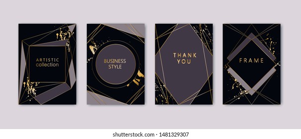 Modern card design. Hand drawn splatters. Gold, black, grey brochure, flyer, invitation template. Business identity style. Geometric shape, artistic frame. Vector.