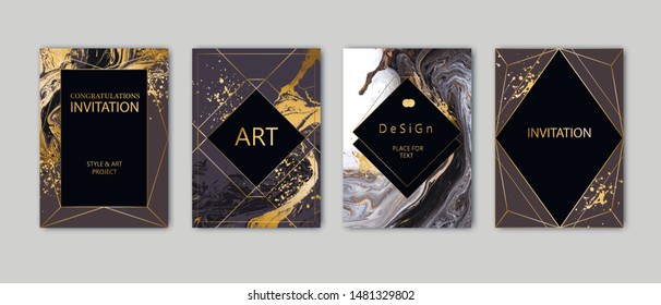 Modern card design. Hand drawn splatters. Marble texture. Gold, white, black colors brochure, flyer, invitation template. Business identity style. Geometric shape. Vector. 