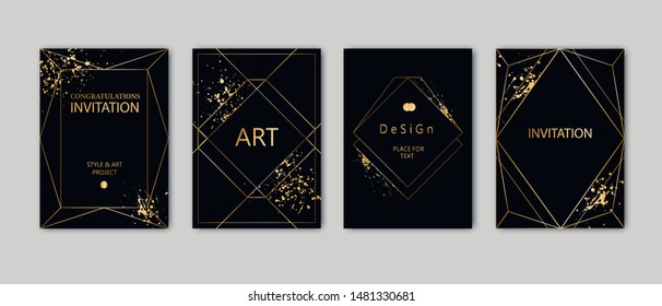 Modern card design. Hand drawn splatters. Gold, black brochure, flyer, invitation template. Business identity style. Geometric shape, artistic frame. Vector.