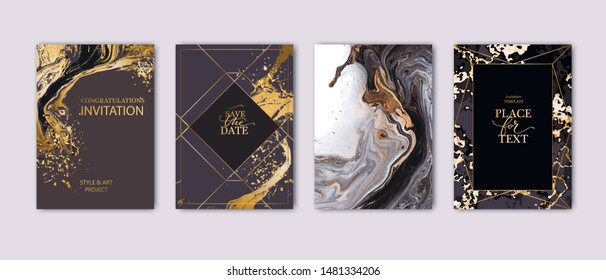 Modern card design. Hand drawn splatters. Marble texture. Gold, white, black colors brochure, flyer, invitation template. Business identity style. Geometric shape. Vector. 