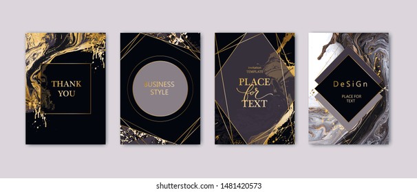 Modern card design. Hand drawn splatters. Marble texture. Gold, white, black colors brochure, flyer, invitation template. Business identity style. Geometric shape. Vector. Modern card design. Hand drawn splatters. Marble texture. Gold, white, black colors brochure, flyer, invitation template. Business identity style. Geometric shape. Vector.