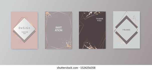 Modern card design. Hand drawn background. Gold, pink brochure, flyer, invitation template. Business identity style. Geometric shape. Vector.