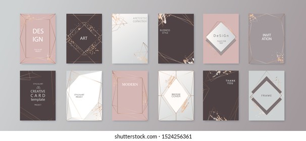 Modern card design. Hand drawn background. Gold, pink brochure, flyer, invitation template. Business identity style. Geometric shape. Vector.