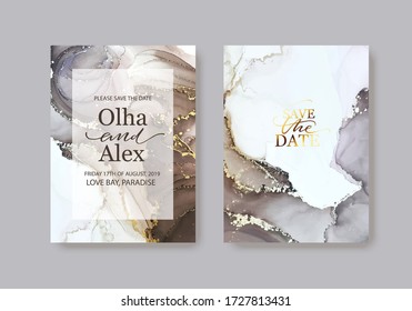 Modern card design. Hand painted marble texture. Gold, white, grey, nude colors brochure, flyer, invitation template. Wedding invitation style. Vector. 