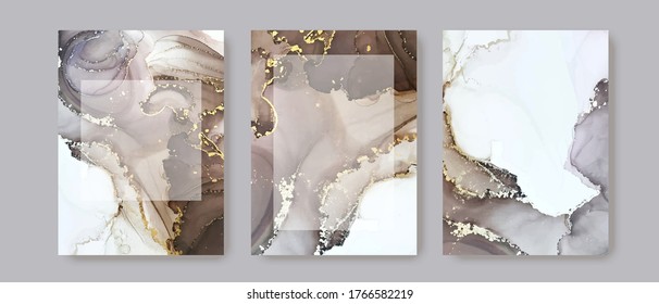 Modern card design. Hand painted marble texture. Gold, white, grey, nude colors brochure, flyer, invitation template. Wedding invitation style. Vector. 