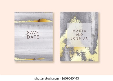 Modern card design.  Marble texture. Gold, grey colors brochure, flyer, wedding invitation template. Glamoour chic shiny background. Business identity style. Vector. 