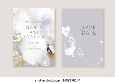 Modern card design.  Marble texture. Gold, grey colors brochure, flyer, wedding invitation template. Glamour chic shiny background. Business identity style, cover. Vector. 