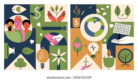 Modern card with ESG concept. Postcard about environmental, social governance and environmental sustainability. Vector illustration in flat style