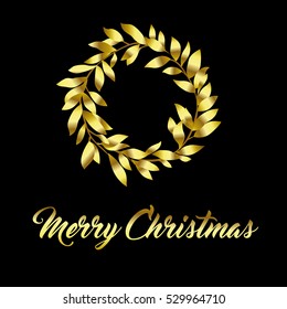 Modern card. Gold wreath with calligraphy inscription Merry Christmas on black background. Hand drawn vector illustration. Luxury card.