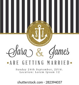 Modern card, for invitation or announcement with golden details. Dark grey stripes svg