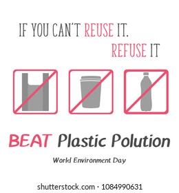 Modern card with kinds of plastic and hand drawn lettering Beat Plastic Pollution in minimalist style for World environment day. Reduce, reuse, recycle. Vector illustration for Holiday Collection.