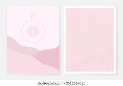 Cartão moderno com dunas cor-de-rosa e sol. Conjunto de 2 fundos minimalistas para cartão, banner, cartaz, capa, folheto.