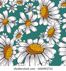 Modern card with seamless pattern with daisies