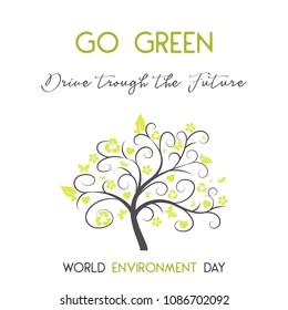 Modern card with simbol of tree and hand drawn lettering in minimalist style for World environment day. Go green, drive through the future. Vector illustration for Holiday Collection.