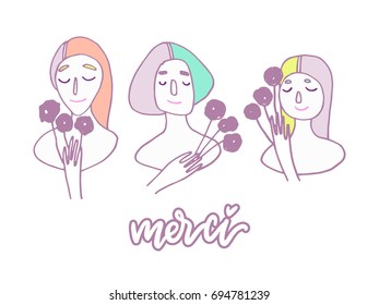 Modern card template with girls and flowers and aesthetic calligraphy 