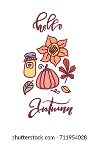 Modern card template with pumpkin, jar, leaves, flower and aesthetic calligraphy "Hello Autumn". Simple elegant design for any tematic fall event or seasonal celebration.