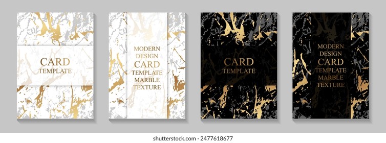Modern card templates with trendy golden marble texture on a black and white backgrounds.