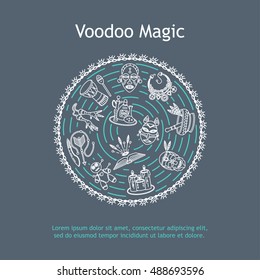 Modern card with voodoo magic vector line icons. Voodoo doll, skull, chicken foot, necklace, poison, candles, drums, book a machete.