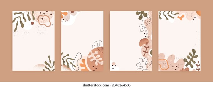 Modern cards with backgrounds for text and abstract natural shapes. Set of minimal backdrop designs with trendy creative random forms, leaf plants and blots. Contemporary flat vector illustrations