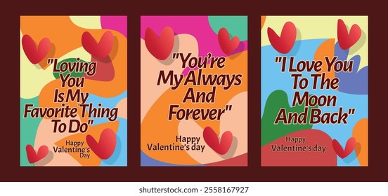 Modern Valentine’s Cards with Elegant Red Heart Motifs. A set of Valentine’s Day greeting card with sample text, red hearts and abstract backgrounds templates vector illustration. 